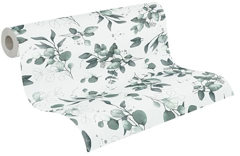 A.S. Création Carta da parati in tessuto non tessuto, motivo floreale, colore bianco, verde, argento, 397682-10,05 m x 0,53 m, di alta qualità, realizzata in Germania