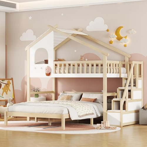 WIZBED Kinderbett Etagenbett mit Stauraum Treppe, Hochbett 90x200 + 140x200 für 2 Kinder, Funktionsbett Etagenbett Stockbett, ohne matratze