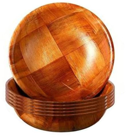 Unbreakable Round Woven Salad Bowl, Large Wooden Serving Bowl by Snack - Ideal for Food Presentation, Real Wood & Sealed Finish. (6 inch)