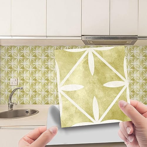 Fliesenaufkleber Grüne Geometrie Selbstklebende Klebefliesen, Wandfliesen Aufkleber,Wasserdicht Fliesensticker Fur Kuche Badezimmer Dekorative Stickerfliesen,Wohnzimmer Dekoration10X10Cm