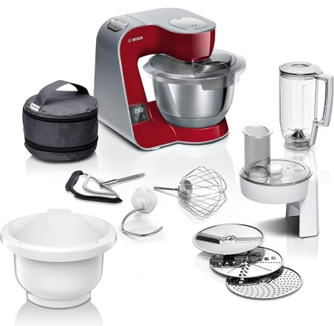 Bosch Küchenmaschine Serie 4, integrierte Waage, Edelstahl-Schüssel 3,9 L, Mixer 1,25 L, Kunststoff-Schüssel, spülmaschinenfest, 3x Rührelemente, Durchlaufschnitzler, 1000 W, Dunkelrot, MUM5X734
