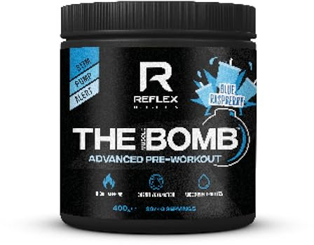 Reflex Nutrition The Muscle Bomb Caffeine Pre Workout Powder - 350mg Caffeine, 9g Citrulline Malate, 2.5g Beta Alanine - Energy, Pump & Focus for Explosive Workouts (Blue Raspberry, 400g, 20 Servings)