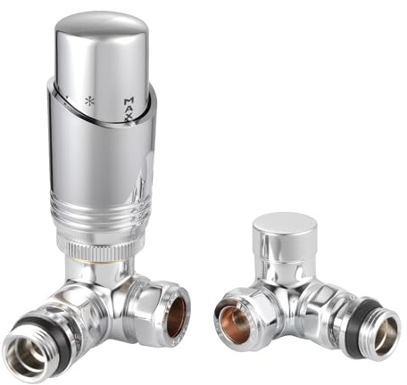 VANCOCO Chrome Thermostatic Radiator Valve 1/2×15mm Corner with Lockshield, Thermostat TRV Set, H62 Brass, Energy Saving