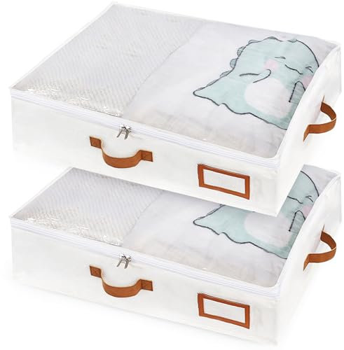 MEKOTRIN Under Bed Storage Box with Lid 2Pack 26L Clothes Storage Bag with Zip & PVC Top Large Underbed Storage Organiser with 4 Handles for Clothes Duvet Comforter Blanket Bedding