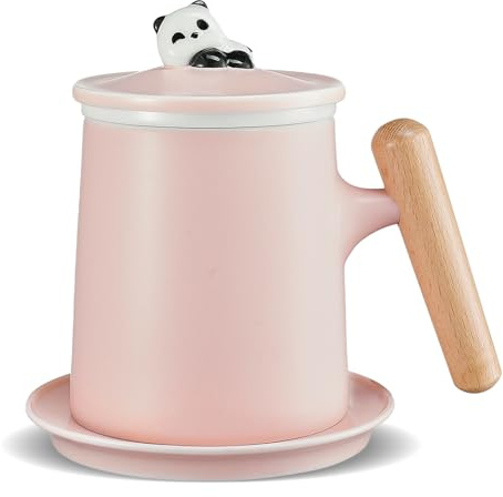 ZENS Tea Mug with Infuser and Lid, 350 ML Porcelain Cup with Strainer, Wooden Handle & Panda Lid – Loose Leaf Tea Infuser Mug for Tea Lovers, Gift-Ready Packaging, Pale Pink