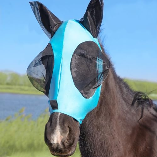 Stretchig hästflugmask med öron menjo utomhus UV-skydd flugmask för hästar, mycket andningsbar bekväm flygmask häst azurblå hel