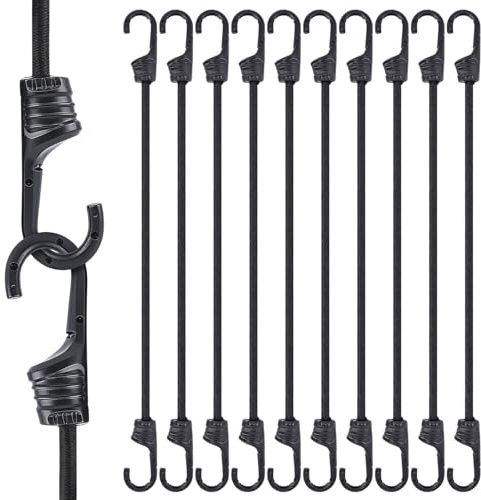 VirtuGro 10Pcs 60cm Bungee Cords with Hooks Heavy Duty Bungee Cords 8mm Weatherproof UV-Resistant Elastic Bungee Straps Long Bungees Rope for Outdoor Furniture Garden Luggage Camping Tarpaulin Trunks