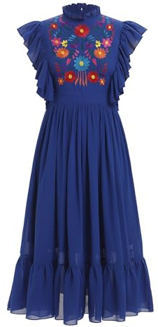 ABEHIK Traditional Mexican Dresses for Women Embroidered Flutter Sleeve Casual Summer Floral Cinco De Mayo Fiesta Outfit Dance Beach Vacation Wedding Party Ruffled Neck Midi Dress Blue M