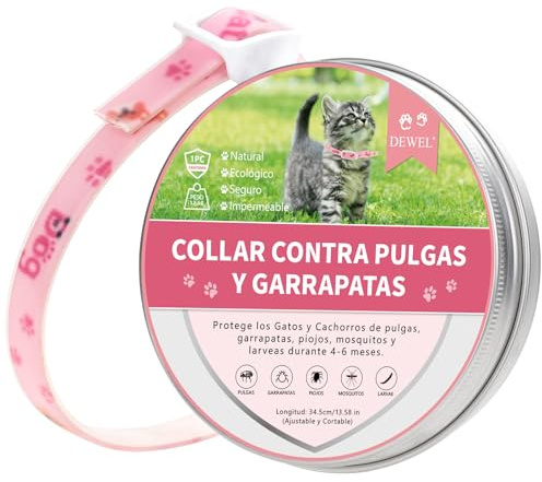 DEWEL Collar Antiparasitario Gatos, Collar contra Pulgas Garrapatas Mosquitos y Piojos, Control Antipulgas para Perros Pequeños y Gatos por 4-6 Meses, Tamaño Ajustable y Cortable 34.5 cm Rosa