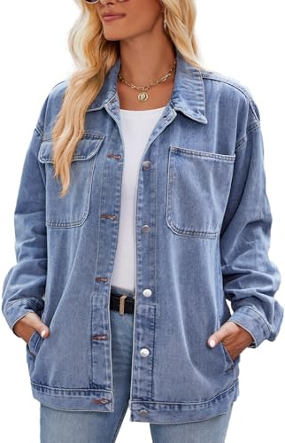 Vanchenl Damen Retro Casual Denim Jacke Oversized Knopf Oben Langarm Lose Revers Gewaschene Denim Shacket Mantel Hellblau L