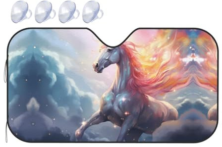 Parasol mediano para ventana delantera de coche, diseño de unicornio de piel colorida, especial para estacionamiento de verano, fácil de almacenar