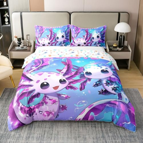 richhome Axolotl - Set copripiumino in 100% cotone viola salamandra, per letto matrimoniale, decorazione per camera da letto, oceano, mare, mondo marino, set copripiumino con 2 federe