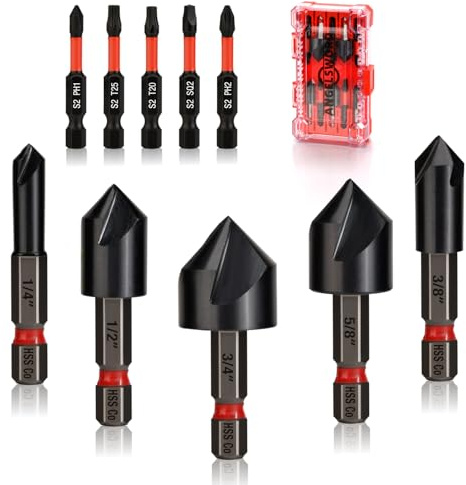 ANGELSWORD M35 Cobalt Countersink Drill Bit Set, 5 PCS 1/4-3/4, TiAlN Coated Counter Sink Drill bit, for for Wood, Metal, Plastic