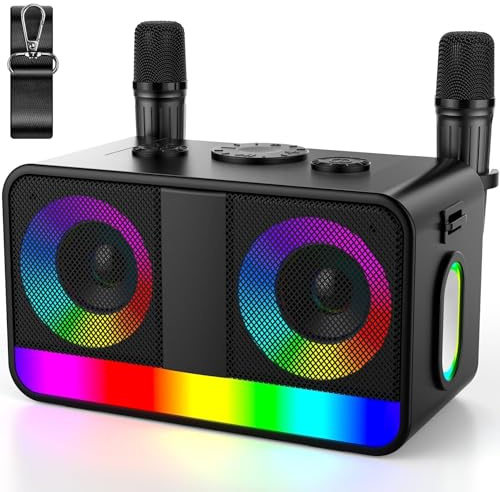 Karaoke-Maschine : Echter Tragbarer Lautsprecher mit 35W, 8-Stunden-Autonomie, 2 Aufladbare Drahtlose Mikrofone, LED, Karaoke-Maschine für Erwachsene & Kinder (CHJ171-Black)