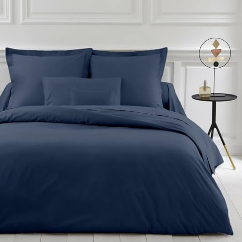 Ensemble Parure De Lit 4 piéces unie 100 % coton 57 fils /cm2 - 1 housse de couette 220 x 240 cm+ 1 drap housse 140 x 190 cm bonnet 30 cm + 2taies d'oreiller 65x 65 cm PREMIUM QUALITE (BLEU MARINE)