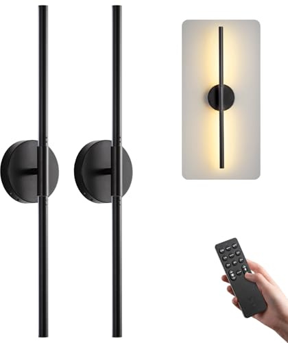 Battery Operated Wall Sconces Set of 2, Modern Wireless Wall Lights with Remote & Touch Control, 24 Inch Black Dimmable Rechargeable LED Sconce with 3 Colors & Timer for Bedroom, Living Room, Hallway