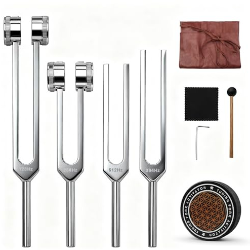 Stimmgabel Set 128Hz 256Hz 384Hz 512Hz - Professionelles Klangtherapie-Kit mit Schlägel, Gummiaktivator, Lederetui, Sechskantschlüssel & Reinigungstuch, für Chakra/Klangtherapie/Yoga/Meditation