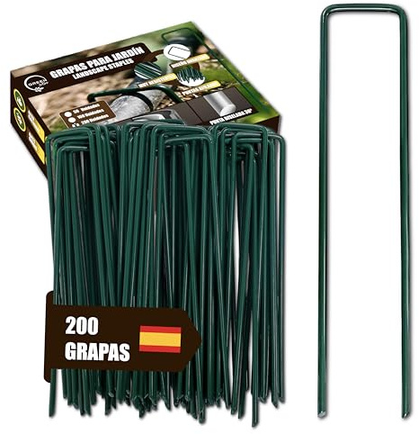 GREENGOF Grapas Verdes para Cesped Artificial, Malla Antihierba y Jardin, 200Unds - Acero Galvanizado, 15x4cm, Ø3mm - Ultra Resistentes y Anticorrosivas - Piquetas de Jardín, Anclaje al Suelo.