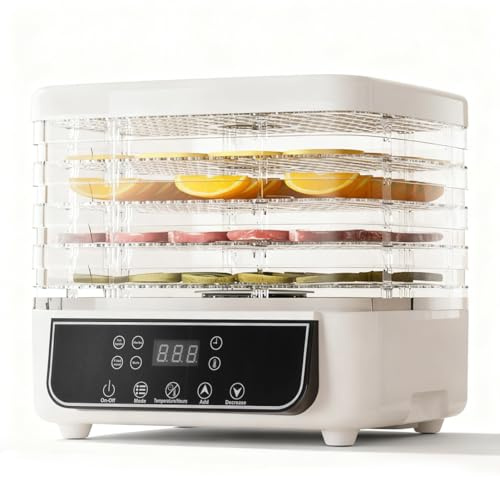 YUEHISY Déshydrateur Alimentaire à 5 Plateaux, Séchoir électrique 160 W avec Minuterie Numérique de 1 à 72 Heures et Contrôle de la Température pour la Viande Séchée, les Fruits, (Prise UE 220V 50Hz)