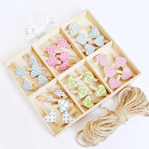 Mollette Legno Piccole Amore,30 Pezzi con 10 m di Filo per Foto e 6 Chiodi Senza Traccia per Appendere Quadri Mini Mollette in Legno per Linee Fotografiche Fai da te Decorazioni Murali e Regali