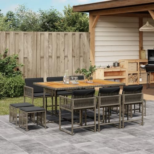QJBSAVVA 11-TLG. Garten-Essgruppe, PE-Rattan 165×106 cm, Akazienholztisch, klappbare Rückenlehne, graue Polster, wetterfest & platzsparend