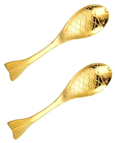 Veemoon 2Pcs 304 Stainless Steel Fish-Shaped Stirring Spoons Large Gold Kitchen Tableware Set for Home Use