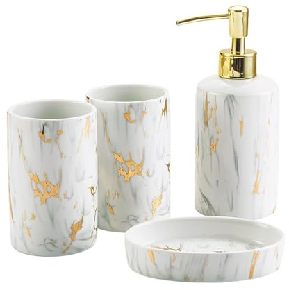 Bathroom Sets Juego de 4 Piezas dispensador jabón cerámica, Vaso for Cepillo Dientes y Accesorios baño Coastal Decor(Badrum Set)