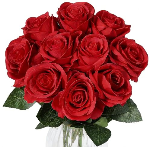 CtiUjdx 1 Bunch Red Roses, Artificial Red Flowers Bouquet, Fake Roses With Stem, Faux Silk Red Artificial Roses, Faux Roses, Rose Flower Arrangement For Wedding Home Decor