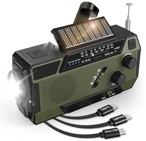 Kurbelradio Notfall Weltempfänger 4000 mAh (14800 mWh) mit 3 integrierten Kabeln Notfallradio mit kurbel und solar, Batteriebetrieben, AM/FM/WB, SOS-Alarm, Taschenlampe für Notfall Ausrüstung