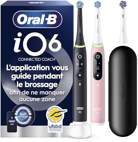 Oral-B iO 6 Cepillos de Dientes Eléctricos, Negro y Rosa, Pack de 2 | Cepillo Dental con 3 Cabezales, Estuche de Viaje, 5 Modos de Cepillado, Sensor de Presión, Temporizador y Seguimiento con App