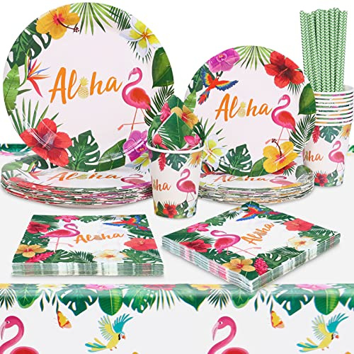 Moerstar Hawaiian Party Decorations Flamingo Tropical Flowers Palm Leaf Tableware Set with Paper Plates Cups Napkins Tablecloth for Summer Tropical Hawaii Luau Party Supplies (Style 4)
