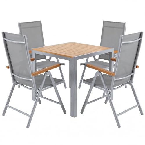 LIFERUN Aluminium trädgårdsmöbler set 5 stycken, balkongset 4 stolar 1 bord, WPC-trädgårdsbord + 4 st hög ryggstöd, trädgårdsstol, vikbar, väderbeständig, aluminium, balkongmöbler för verandor