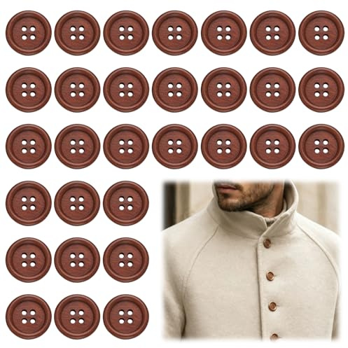 Botones de madera para cárdigan de 25 mm, 30 botones redondos de madera en color marrón rojizo, 4 agujeros, botones de costura de madera para coser ropa, manualidades y bricolaje