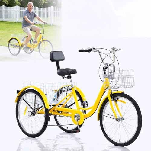 Vuxen trehjuling med extra stor korg, 3-hjuls shopping- och picknickcykel med bekvämt säte, stabil design, flera färger för enkel sommarresa, gul
