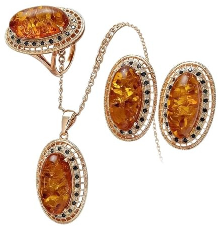 Oval bärnstensring Örhängen Halsband585 Rose Guld Färg Naturlig Zirkon Tillbehör Vintage Smycken Set