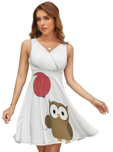 Qjjinxior Vestido con cuello en V para mujer, vestido de globo de búho, vestido de verano sin mangas para fiestas, vacaciones, Globo de búho, M