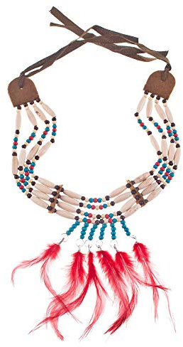 Indianer Halskette Tiki - mit Holzperlen und Federn - Beige Rot - Tolles Accessoire zu Wild West Kostümen an Karneval, Mottoparty oder Geburtstagsfeier