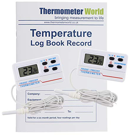 Temperature Log Book with 2 x Digital Fridge Freezer Thermometers with Temperature Warning Alarm and Max Min Feature and 1.2m Cable