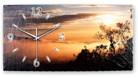 Kreative Feder Designer-Wanduhr Sonnenaufgang aus Stein mit Zeigern aus gebürstetem Aluminium - Designeruhr aus Stein mit flüsterleisem Uhrwerk (Sonnenaufgang, leises Funkuhrwerk)