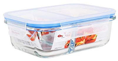 Quttin | Fiambrera Hermética de Cristal 2 Compartimentos - Tupperware Vidrio Cierre Hermético BPA Free, Resistente y Reutilizable