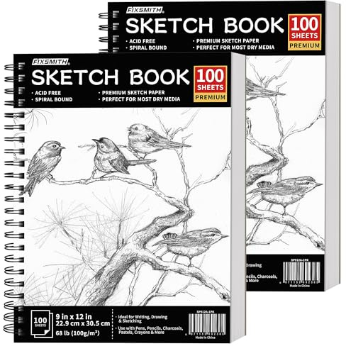 FIXSMITH 9X12 Sketch Book | 200 Sheets (68 lb/100gsm) Sketchbook| 2 Pack (100 Sheets Each) |Acid Free Drawing Paper | Spiral Bound Sketchpad for Beginners,Artists & Professionals | Bright White