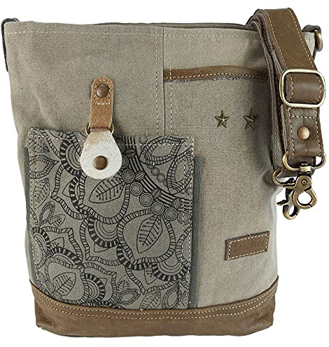 Sunsa Umhängetasche Damen groß Handtasche mit vielen Fächern Tasche aus Canvas & Leder. Vintage Tasche in Kahkigrün. Mandala Design Schultertasche Shopper Arbeitstasche Frauen Crossbody Damentasche | Mandala Design Schultertasche. Vintage Damentasche mit verstellbaren Gurt. Crossbody bag mit Platz für DIN A4 & vieles