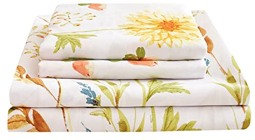 JSD Yellow Floral Printed Sheet Set Queen Size, 4 Piece Soft Botanical Microfiber Sheets and Pillowcases Deep Pocket