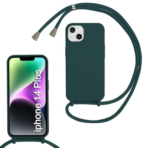 MBSLFY Silikon Handykette für iPhone 14 Plus Hülle mit Band,Silikon Necklace Handyhülle mit Abnehmbar Kordel zum Umhängen Stossfest Bumper Handy Schutzhülle für iPhone 14 Plus, Dunkel grün