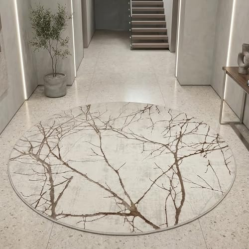 Teppich-Traum Kurzflor Teppich Ästemuster Creme Ø 200 cm | Pflegeleicht, strapazierfähig, schmutzabweisend, seitlich gekettelt, fußbodenheizungsgeeignet, mit Glanzeffekt, 8 mm Flor