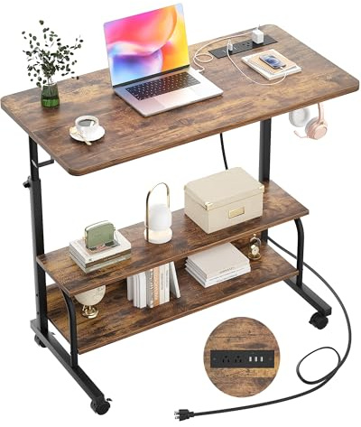 Armocity Rolling Standing Desk with Power Outlets, 32 Manual Height Adjustable Mobile Computer Desk with Wheels, Small Portable Sit Stand Laptop Couch Table for Bed & Sofa Home Office, Rustic Brown