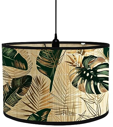 FANSU Paralume E27 in Tessuto Vintage Tropicale Pianta Lampadario Copertura Lampada Accessori Luce Sostituibile Lampada Tavolo Comodino a Tamburo (Verde dorato,30x30x20cm)