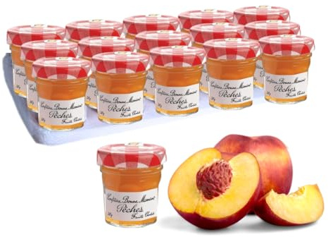 BONNE MAMAN - 15 Confitures Pêche - Mini-pots Individuels en verre 30 g | 50% de fruits - Idéal Petit-Déjeuner, Hôtellerie, airbnb et Restauration - Fabrication française