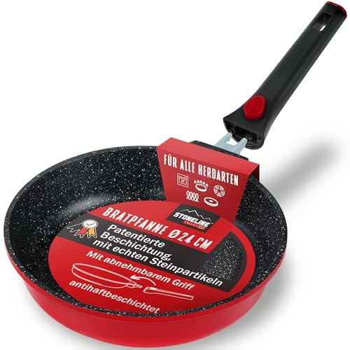 STONELINE SMART Bratpfanne mit Abnehmbarem Griff 24 cm, Aluguss Pfanne Induktion, Für alle Herdarten, Antihaftbeschichtet mit echten Steinpartikeln, Rot