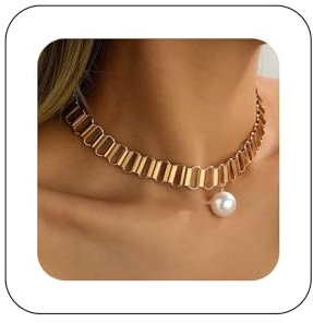 Yienate Boho Pearl Ball Pendant Necklace Gold Chunky Railroad Choker Statement Punk Thick Geometric Collarbone Chain Necklace Choker Bridal Wedding Prom Necklace for Women and Girls
